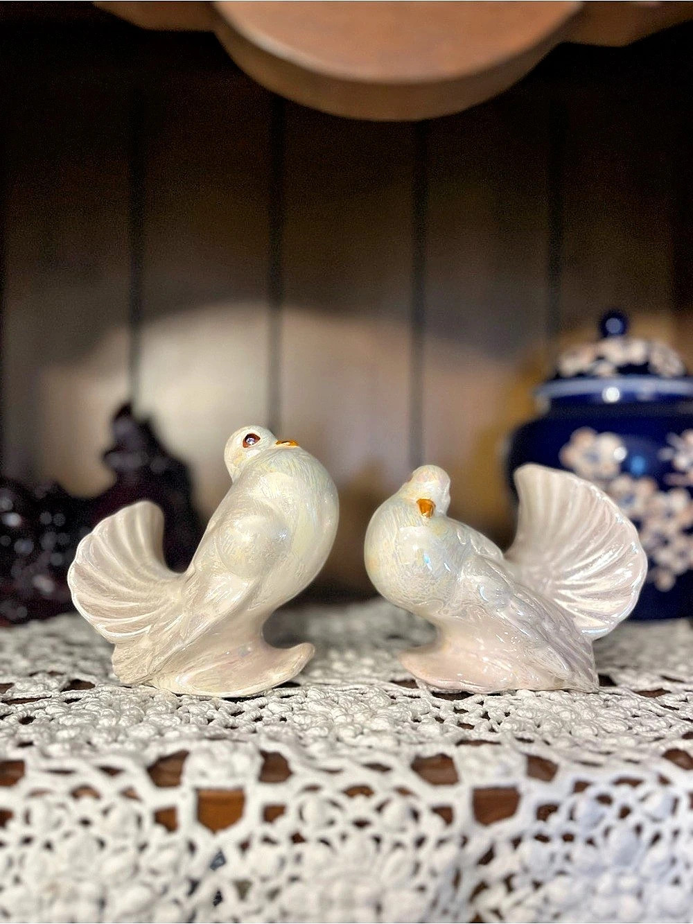 Pair of White Iridescent Bird Figurines
